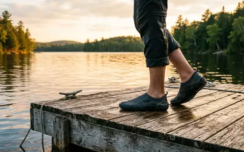 Fotorealistische Aufnahme von Wasserschuhe am Seeufer zum Thema Beco Herren Badeschuhe Aqua-Sportschuhe, warmes Abendlicht - Foto: THN
