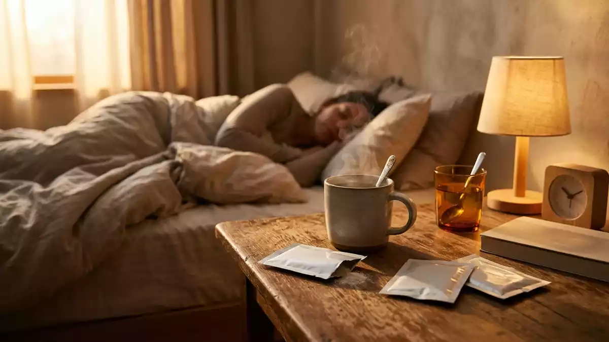 Fotorealistische Ansicht von Heissgetraenk Pulver am Nachttisch in warmem Abendlicht