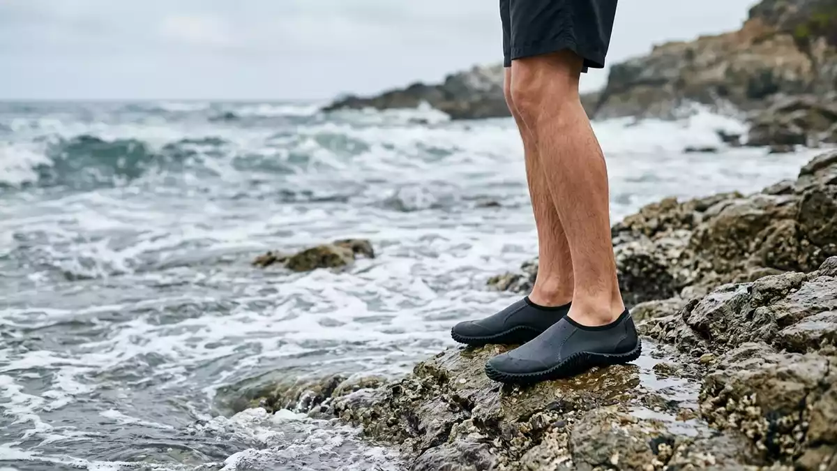 Fotorealistische Ansicht von Wasserschuhe am Ufer in realer Umgebung, neutral