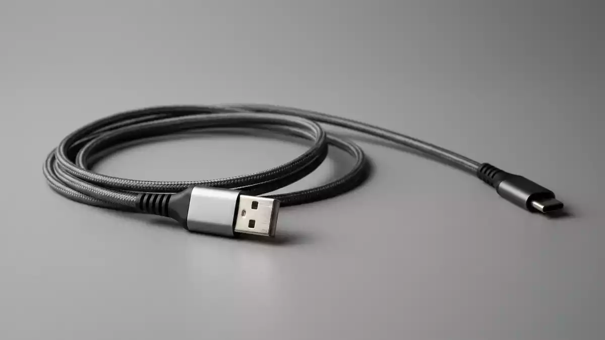Fotorealistische Studioansicht von USB Ladekabel in neutraler Produktdarstellung