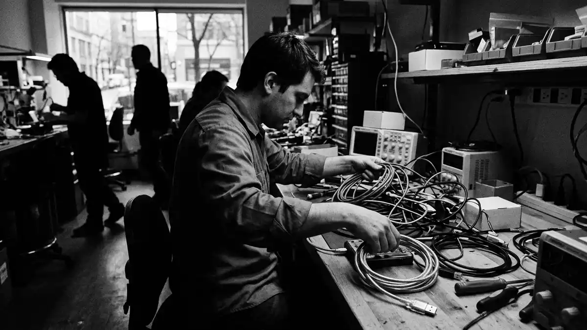 Schwarzweiss-Reportagebild mit USB Ladekabel in dokumentarischer Arbeitsumgebung