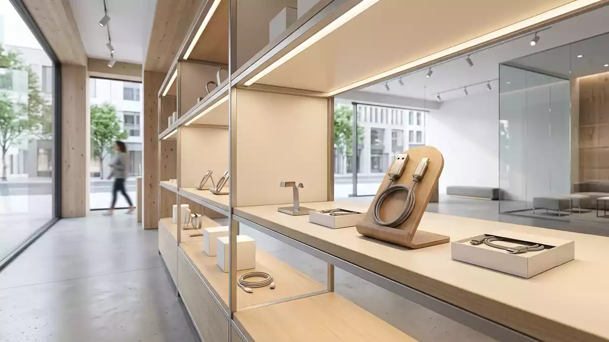 Architektur-Render im Elektronikzubehoer Laden mit USB Ladekabel im Ausstellungsbereich