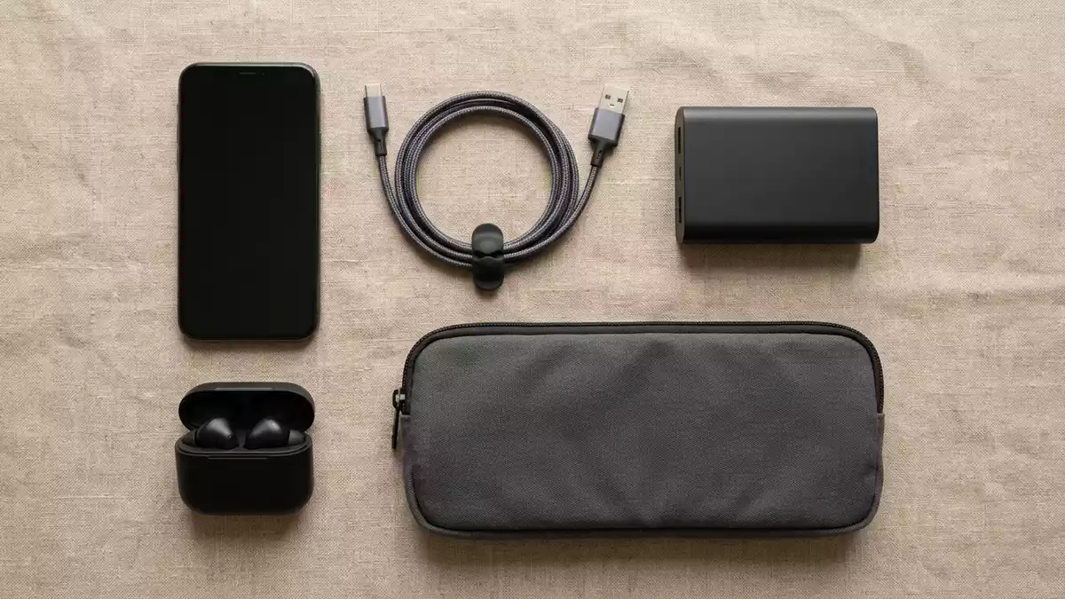 Flatlay-Arrangement rund um USB Ladekabel mit passenden Requisiten von oben, neutral