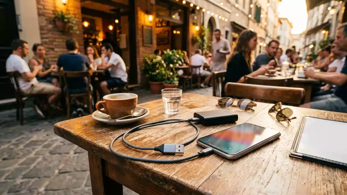 Fotorealistische Ansicht von USB Ladekabel im Strassencafe in warmem Abendlicht