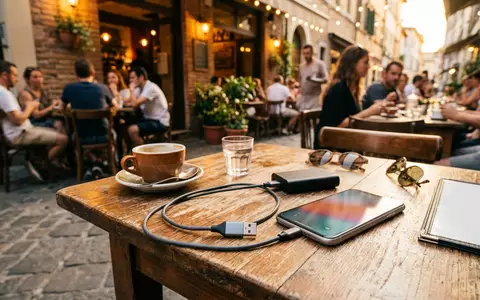 Fotorealistische Aufnahme von USB Ladekabel im Strassencafe zum Thema Baseus USB-A auf Lightning, warmes Abendlicht - Foto: THN