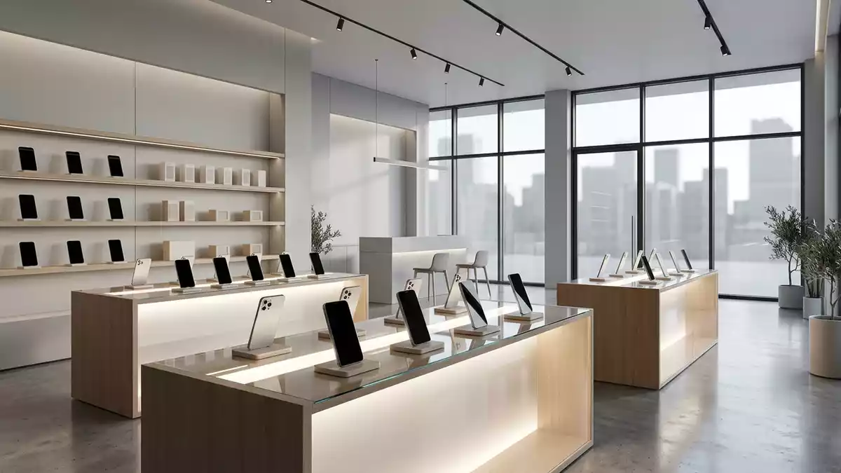 Architektur-Render im Handygeschaeft mit Smartphone im Ausstellungsbereich, neutral