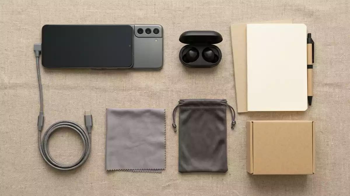 Flatlay-Arrangement rund um Smartphone mit passenden Requisiten von oben, neutral