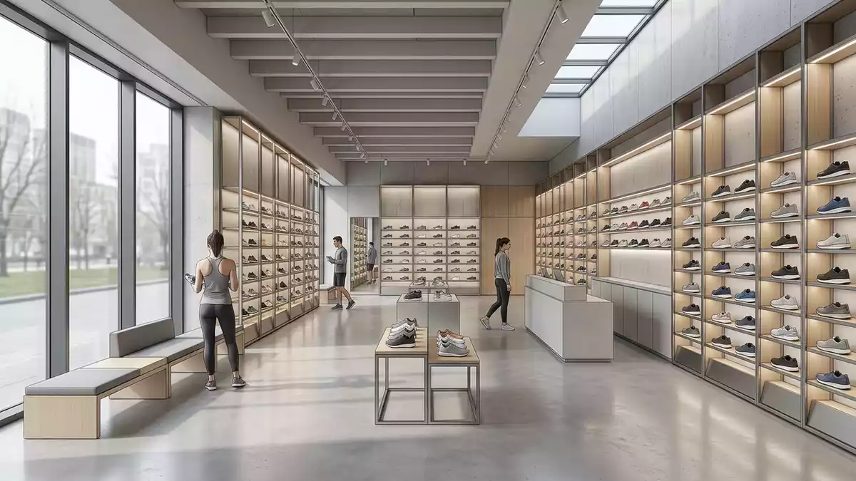 Architektur-Render im Laufsportgeschaeft mit Laufschuhe im Ausstellungsbereich