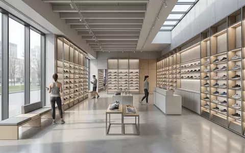 Architektur-Render im Laufsportgeschaeft mit Laufschuhe zum Thema On Cloudswift 3 Laufschuhe, neutrales Tageslicht - Foto: THN