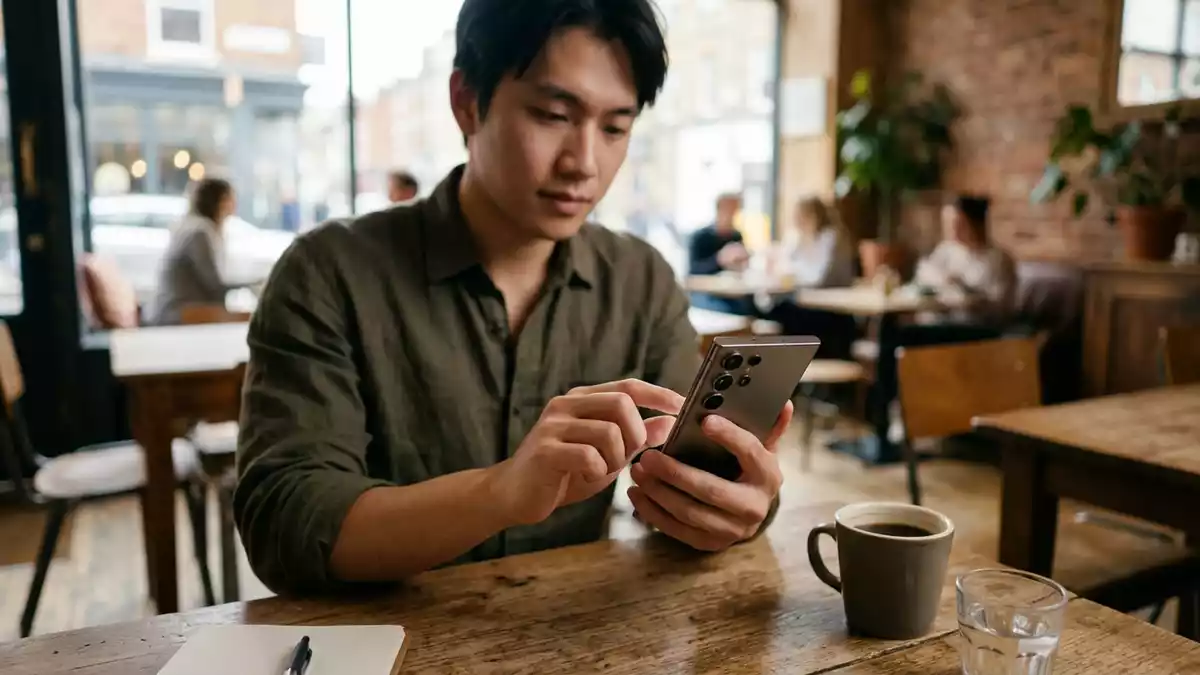 Fotorealistische Ansicht von Smartphone im Cafe in realer Umgebung, sachlich dargestellt