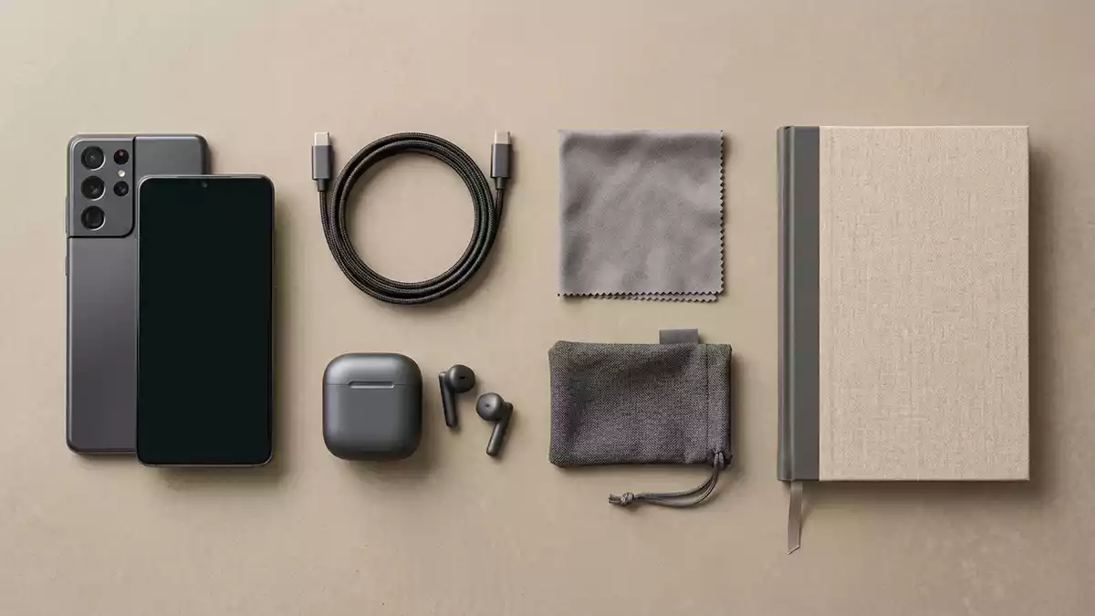 Flatlay-Arrangement rund um Smartphone mit passenden Requisiten von oben, neutral