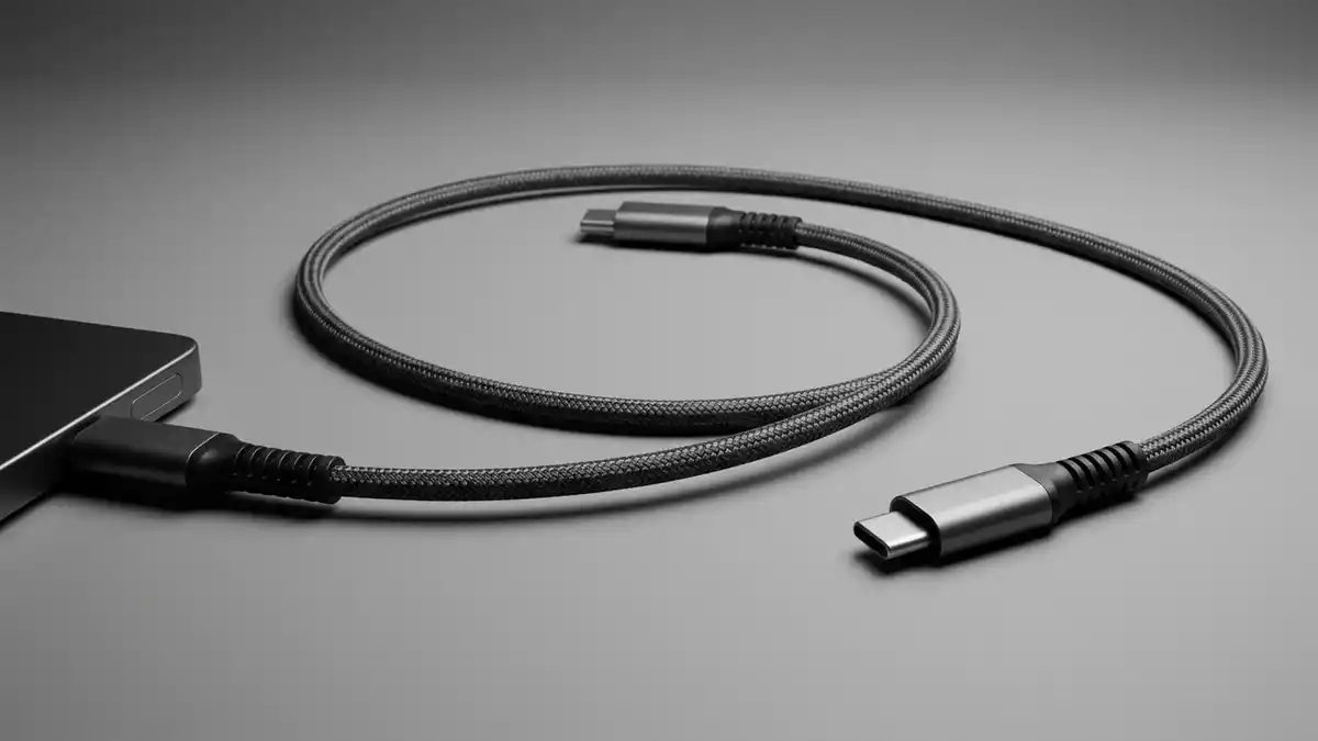 Fotorealistische Studioansicht von USB-C-Kabel in neutraler Produktdarstellung