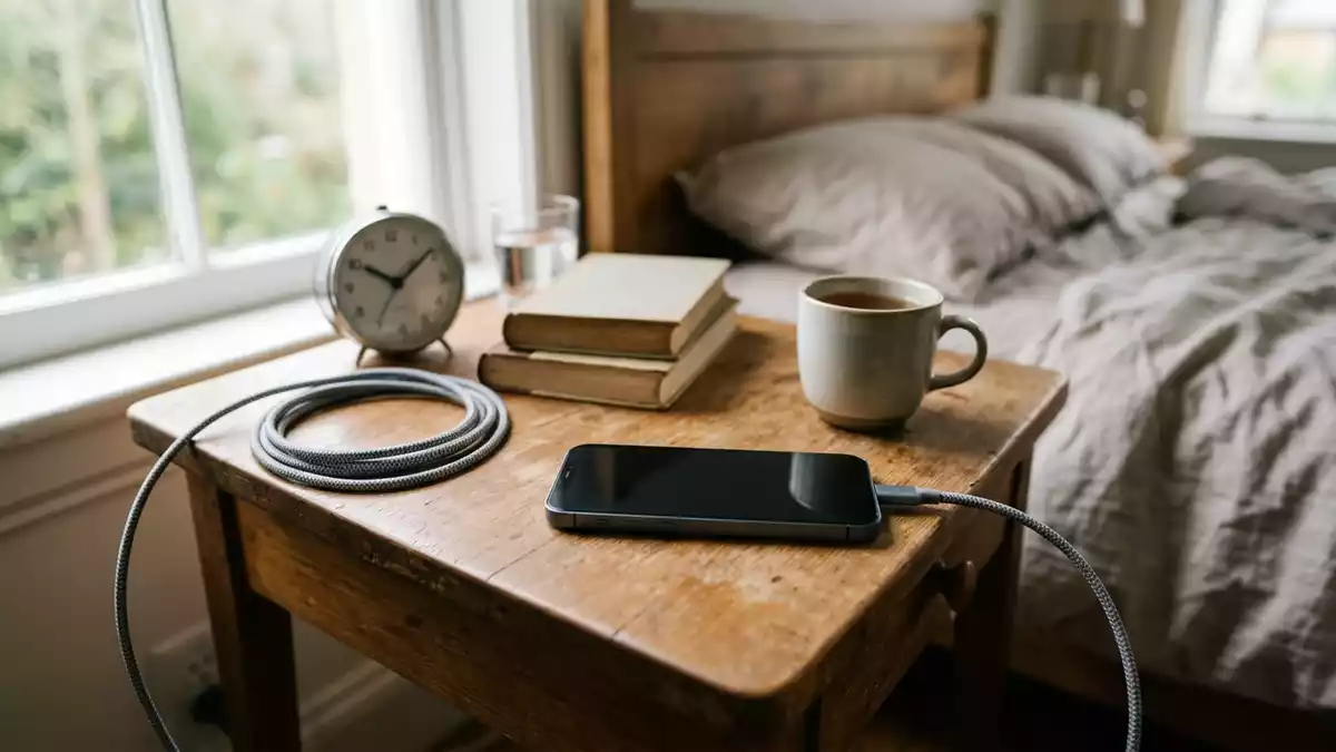 Fotorealistische Ansicht von USB-C-Kabel am Nachttisch in realer Umgebung, neutral
