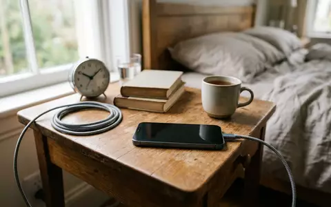 Fotorealistische Aufnahme von USB-C-Kabel am Nachttisch zum Thema Syncwire USB-C auf USB-C, natuerliches Licht - Foto: THN