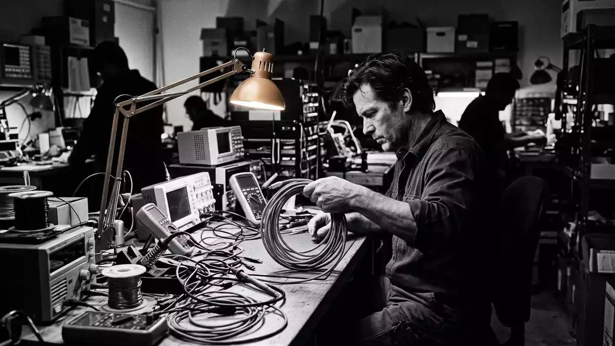 Schwarzweiss-Reportagebild mit USB-C-Kabel in dokumentarischer Arbeitsumgebung
