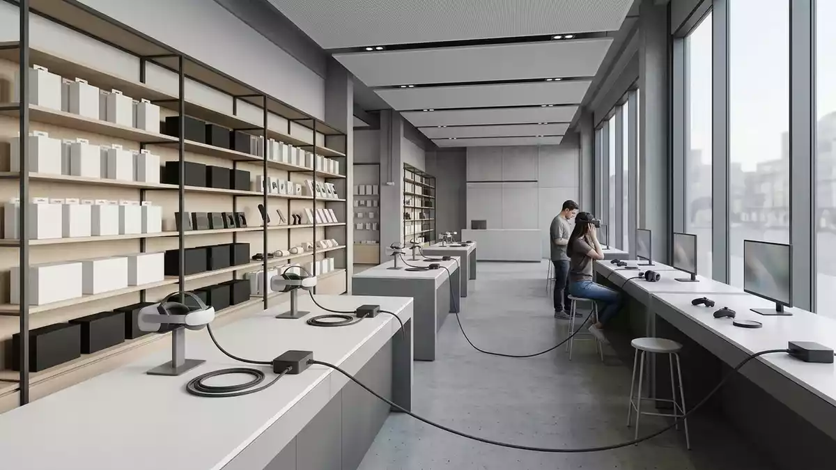 Architektur-Render im Gamingladen mit VR-Verbindungskabel im Ausstellungsbereich