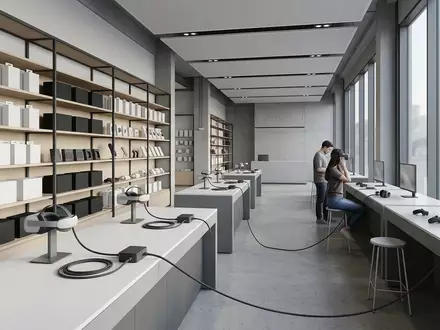 Architektur-Render im Gamingladen mit VR-Verbindungskabel zum Thema Syntech Link Kabel 5m, neutrales Tageslicht - Foto: THN