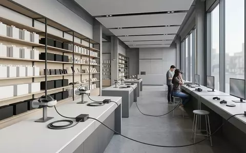 Architektur-Render im Gamingladen mit VR-Verbindungskabel zum Thema Syntech Link Kabel 5m, neutrales Tageslicht - Foto: THN