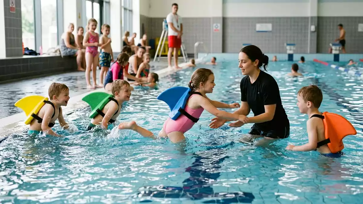 Fotorealistische Ansicht von Schwimmhilfe beim Schwimmen in realer Umgebung, neutral