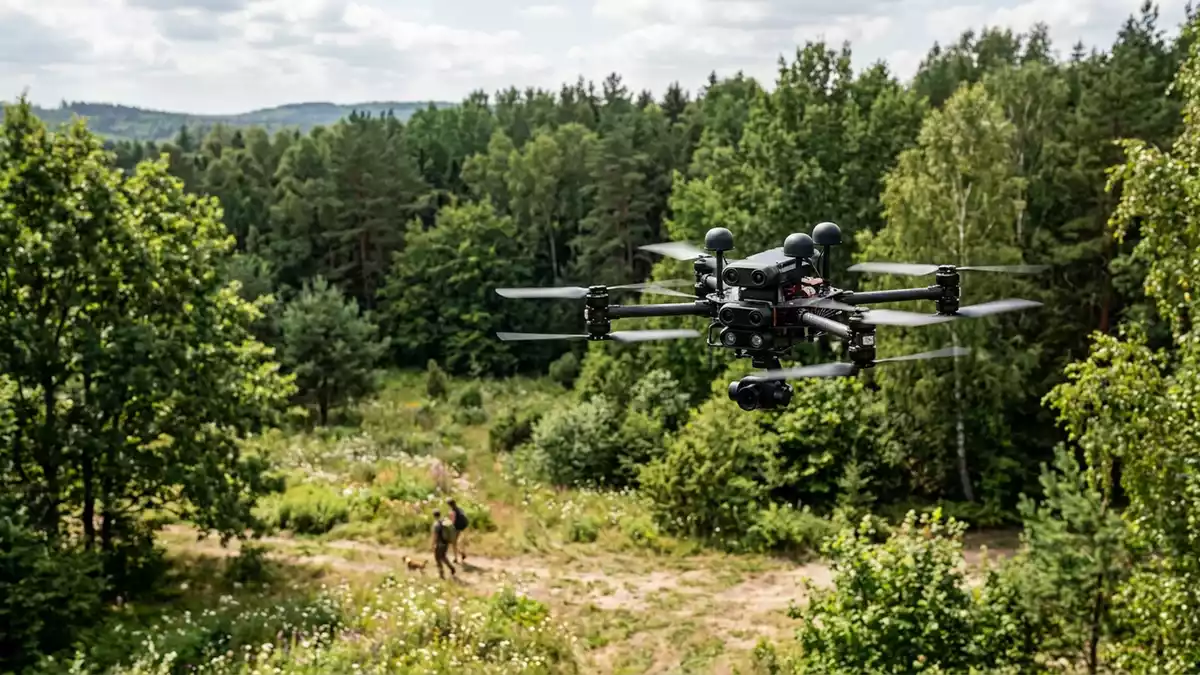 Fotorealistische Ansicht von Kameradrohne ueber der Lichtung in realer Umgebung