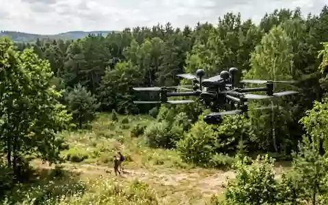 Fotorealistische Aufnahme von Kameradrohne ueber der Lichtung zum Thema Skydio 2+, natuerliches Licht - Foto: THN