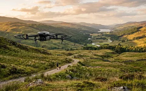 Fotorealistische Aufnahme von Kameradrohne ueber dem Huegel zum Thema Skydio 2+, warmes Abendlicht - Foto: THN