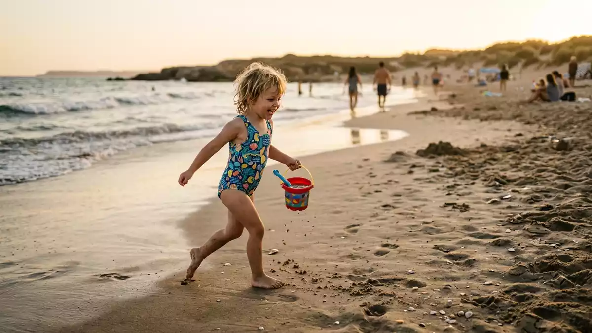 Fotorealistische Ansicht von Kinderbadeanzug am Strand in warmem Abendlicht, neutral