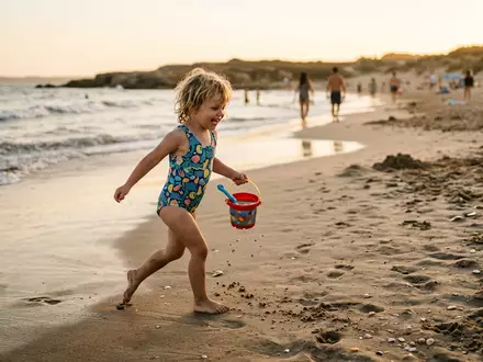Fotorealistische Aufnahme von Kinderbadeanzug am Strand zum Thema Slipstop Kinder Badeanzug einteilig, warmes Abendlicht - Foto: THN