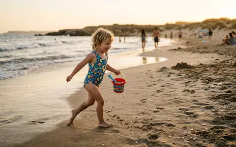 Fotorealistische Aufnahme von Kinderbadeanzug am Strand zum Thema Slipstop Kinder Badeanzug einteilig, warmes Abendlicht - Foto: THN