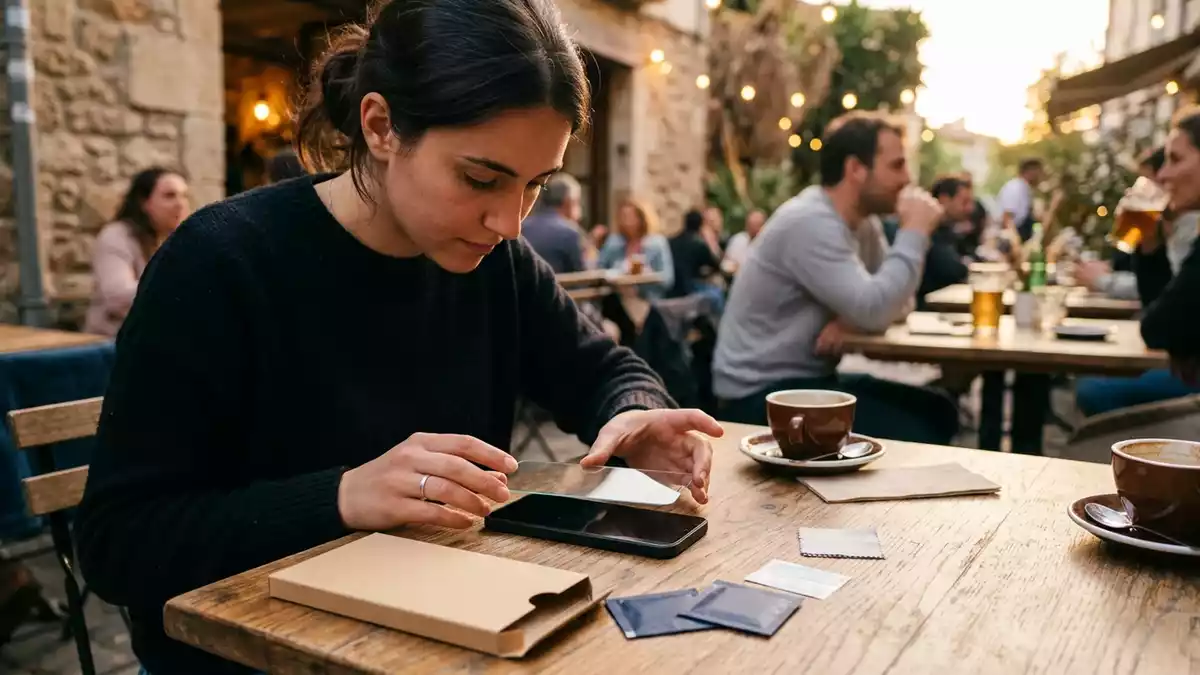 Fotorealistische Ansicht von Display-Schutzglas im Cafe in warmem Abendlicht, neutral