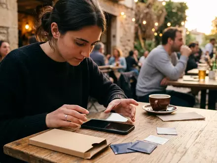Fotorealistische Aufnahme von Display-Schutzglas im Cafe zum Thema Smartect Panzerglas Samsung Galaxy, warmes Abendlicht - Foto: THN