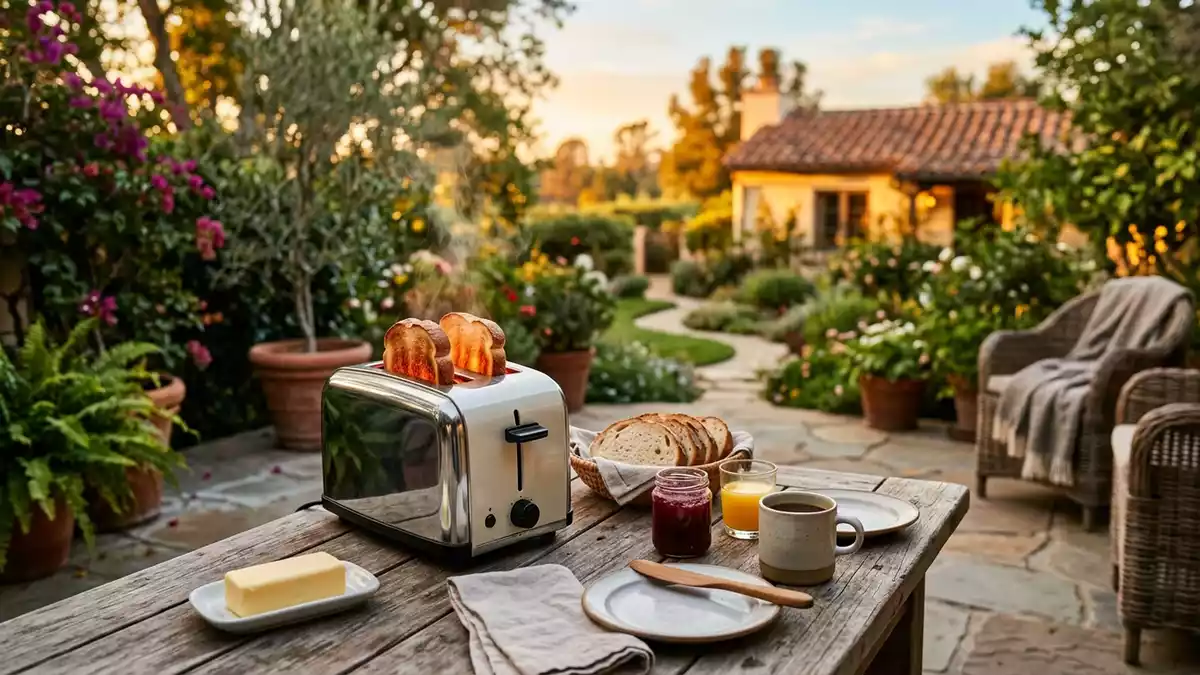 Fotorealistische Ansicht von Zweischeibentoaster auf der Terrasse in warmem Abendlicht