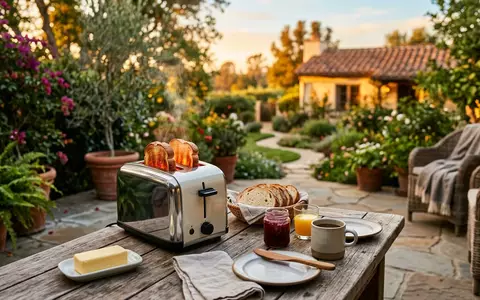 Fotorealistische Aufnahme von Zweischeibentoaster auf der Terrasse zum Thema Smeg TSF01 50s Style, warmes Abendlicht - Foto: THN