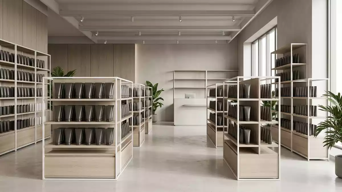 Architektur-Render im Drogerie mit Zahnpasta im Ausstellungsbereich, neutral