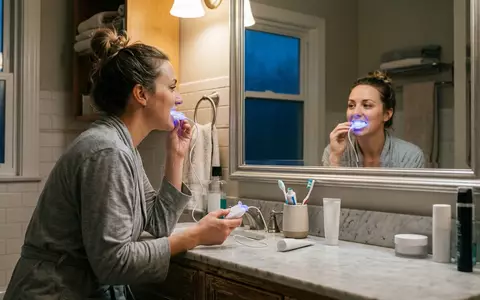 Fotorealistische Aufnahme von Zahnaufhellungsset im Badezimmer zum Thema Colgate Optic White ComfortFit, natuerliches Licht - Foto: THN