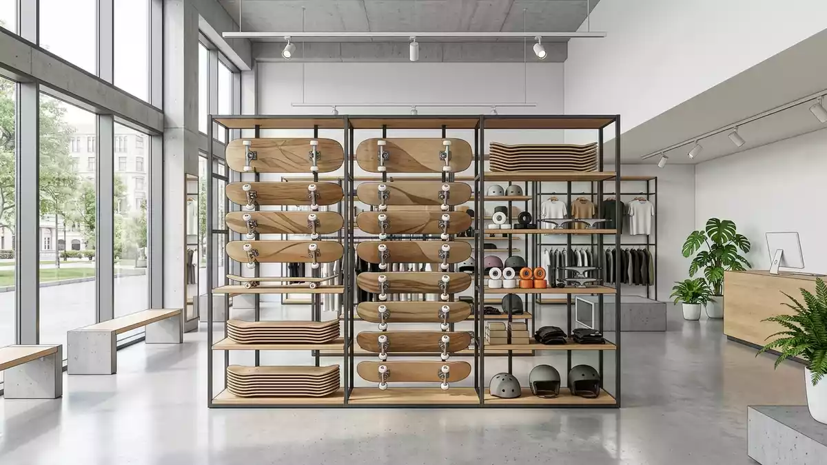 Architektur-Render im Skateshop mit Skateboard im Ausstellungsbereich, neutral