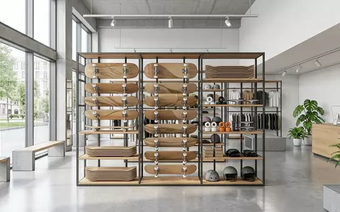 Architektur-Render im Skateshop mit Skateboard zum Thema Element Section Complete Skateboard, neutrales Tageslicht - Foto: THN