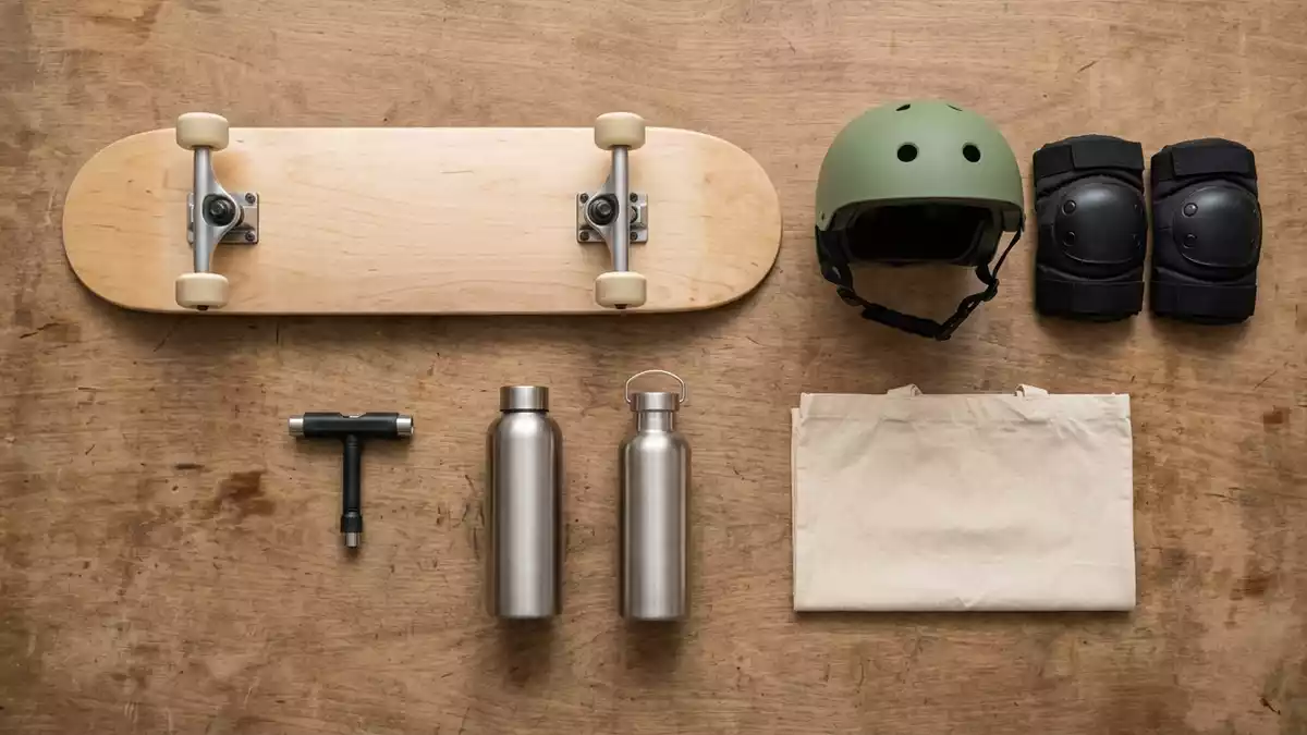 Flatlay-Arrangement rund um Skateboard mit passenden Requisiten von oben, neutral