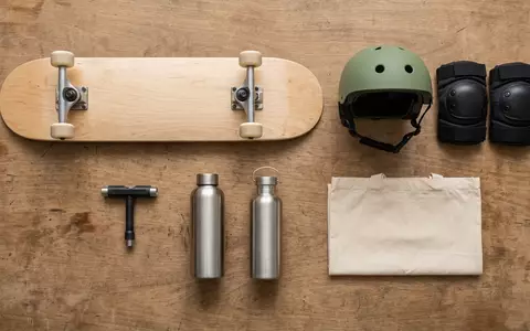 Flatlay-Arrangement rund um Skateboard zum Thema Element Section Complete Skateboard, weiches Oberlicht - Foto: THN