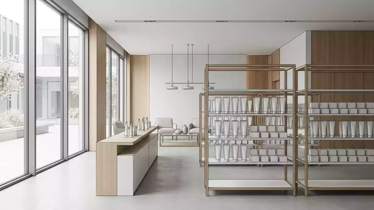 Architektur-Render im Drogeriefachhandel mit Zahnpasta im Ausstellungsbereich, neutral