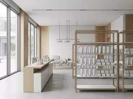 Architektur-Render im Drogeriefachhandel mit Zahnpasta zum Thema elmex Karies-Schutz Zahnpasta 75ml, neutrales Tageslicht - Foto: THN