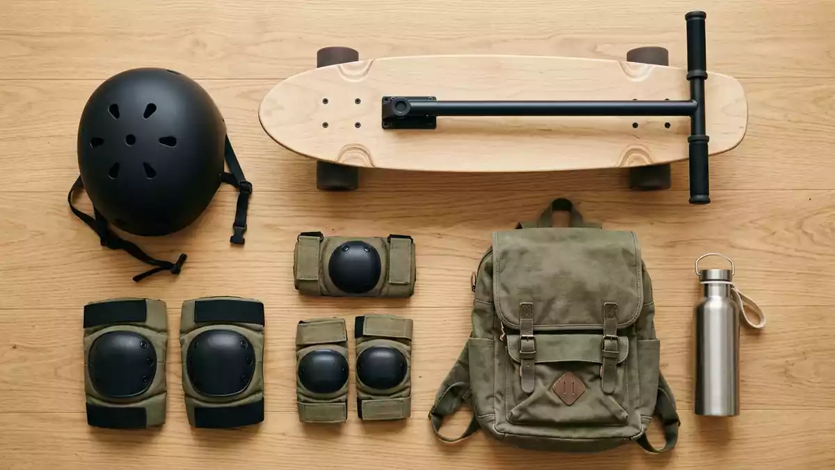 Flatlay-Arrangement rund um Cruiser-Skateboard mit passenden Requisiten von oben