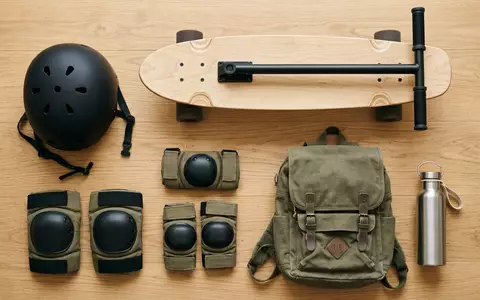 Flatlay-Arrangement rund um Cruiser-Skateboard zum Thema Landyachtz Dinghy Handlebars Cruiser, weiches Oberlicht - Foto: THN
