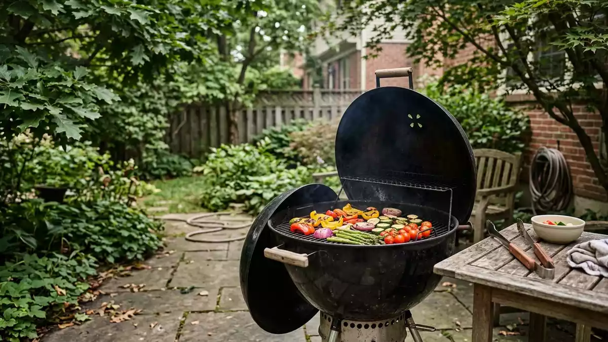 Fotorealistische Ansicht von Kugelgrill im Garten in realer Umgebung, neutral