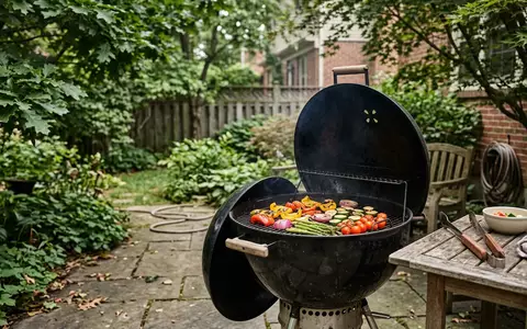 Fotorealistische Aufnahme von Kugelgrill im Garten zum Thema Landmann Kugelgrill 31356 Holzkohle, natuerliches Licht - Foto: THN