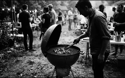Schwarzweiss-Reportage mit Kugelgrill zum Thema Landmann Kugelgrill 31356 Holzkohle, hoher Kontrast, sachlich dargestellt - Foto: THN