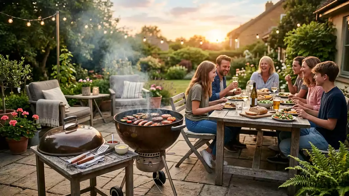 Fotorealistische Ansicht von Kugelgrill auf der Terrasse in warmem Abendlicht, neutral