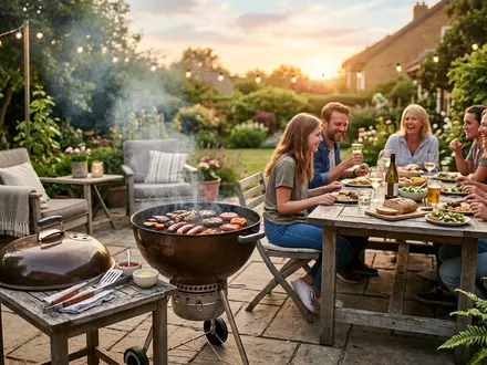 Fotorealistische Aufnahme von Kugelgrill auf der Terrasse zum Thema Landmann Kugelgrill 31356 Holzkohle, warmes Abendlicht - Foto: THN