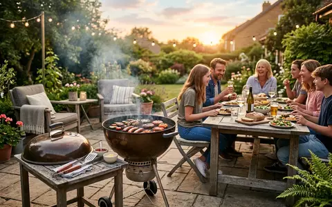 Fotorealistische Aufnahme von Kugelgrill auf der Terrasse zum Thema Landmann Kugelgrill 31356 Holzkohle, warmes Abendlicht - Foto: THN