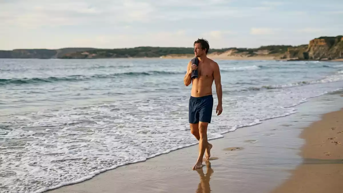 Fotorealistische Ansicht von Badeshorts am Strand in realer Umgebung, neutral